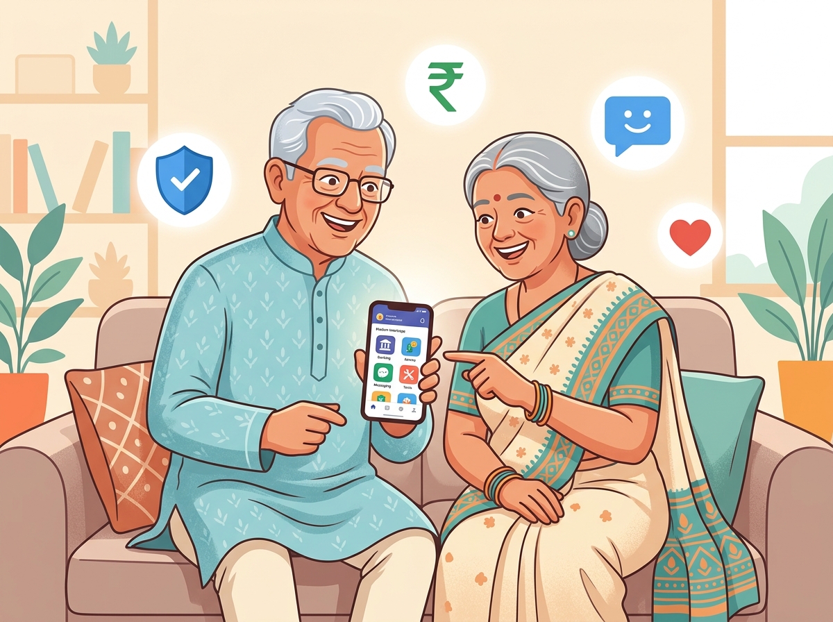 Elderly Indian couple happily learning to use smartphone together